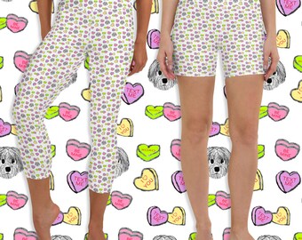 Valentine Dog Print Yoga Leggings or Shorts: Candy Hearts