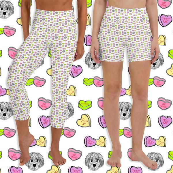 Valentine's Day Dog Print Capri Leggings and Shorts with Candy Hearts in Pink, Purple, Yellow and Green, Perfect for Zumba, Yoga, Lounging