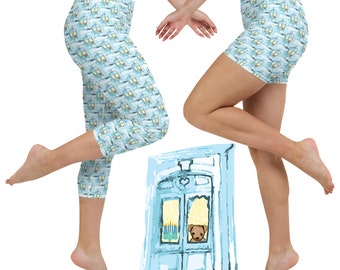 Hanukkah Dog and Menorah capri leggings and yoga shorts, Chanukah gift for dog lovers, Perfect for Exercise, Yoga, Lounging