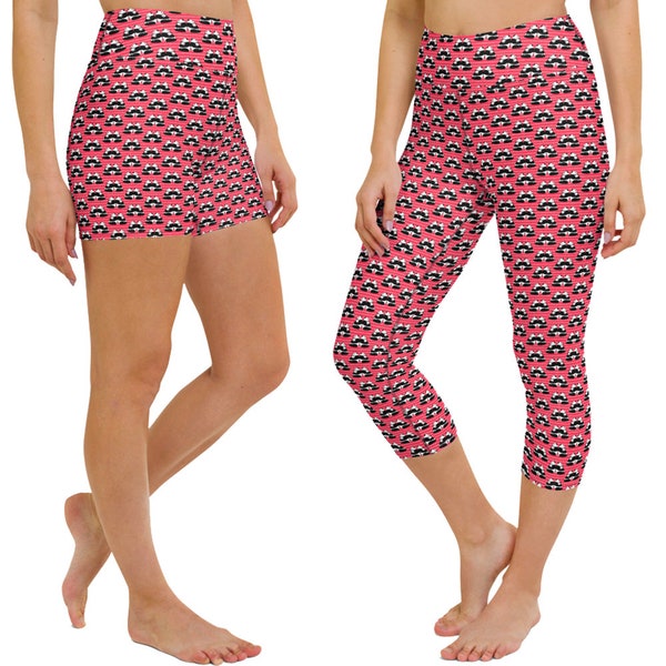 Panda Mom and Cub Capri Leggings and Shorts in Red, Black and White, Perfect for Zumba, Yoga, Lounging