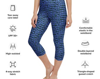 Floral Design Yoga Capri Leggings and Yoga Shorts in Blue, Great for Exercise, Yoga, Lounging, Athleisure