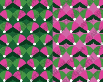 May include: A repeating pattern of stylized caps, each divided into green and pink sections with a white pom-pom. The background is either dark green or pink, creating a contrasting design. The text "DRAW FORTH" is faintly visible.