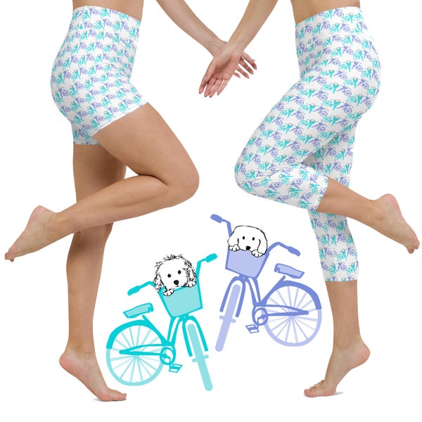 Dogs and Bikes Capri Leggings and Shorts in Turquoise and Purple, Perfect for Zumba, Yoga, Lounging