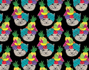 Cats in Tropical Fruit Hats Seamless Pattern Digital Download