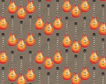May include: A seamless pattern of electric guitars in various shades of orange and brown against a light brown background.