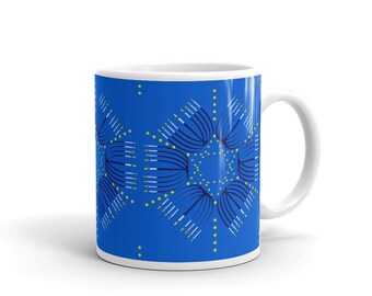 Hanukkah Menorah Star of David Coffee Mug: Blue & Yellow Chanukah Gift