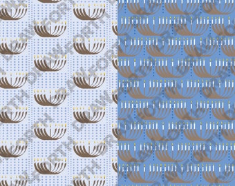May include: A seamless pattern featuring a repeating design of brown menorahs with yellow candles on a light blue background with white polka dots. The pattern is repeated on the right side of the image on a solid blue background.