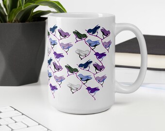Bird Coffee Mug in blues, purples and greens