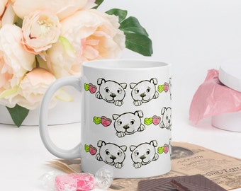 Valentines Day Bulldog Mug: Dog Lover Coffee Cup with Candy Hearts