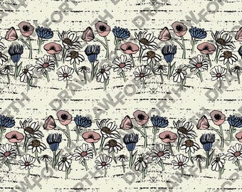 May include: A repeating pattern of stylized flowers in a field of daisies, poppies, and thistle-like blooms. The flowers are in shades of white, pink, and blue, set against a cream-colored background with black horizontal lines.