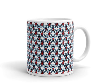 Geometric Pattern Coffee Mug in Red and Light Blue, Interlocking Rings Pattern like Celtic Circles Design