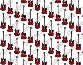 May include: A seamless pattern featuring a repeating design of red electric guitars with black hardware. The guitars have a double cutaway body shape and are set against a white background.