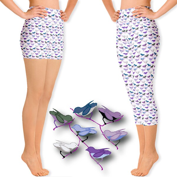 Bird Lover Capri Leggings and Shorts in shades of purple, green and blue, Perfect for Mother’s Day, Zumba, Yoga, Pilates, Lounging