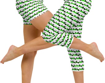 Panda Sleeping Capri Leggings and Shorts in Green, White and Black, Perfect for Zumba, Yoga, Lounging