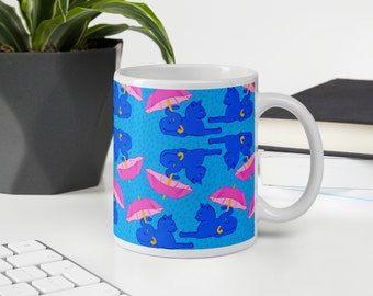 Blue Cat Coffee Mug: Feline & Umbrella Design