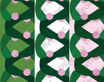 May include: Abstract digital art with a repeating pattern of dark green, light green, and white shapes. Pink circles are interspersed throughout the design. The words "W4FORTH DRAW" are repeated vertically.