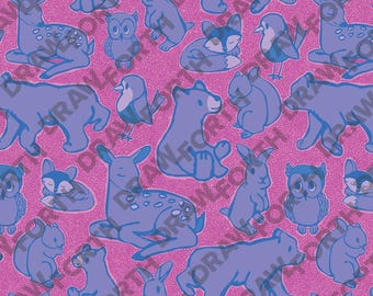 Modello senza cuciture con animali del bosco: creature della foresta blu e rosa (download digitale)
