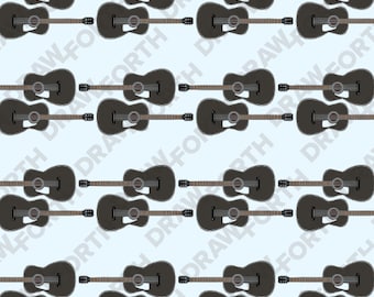 May include: A repeating pattern of black acoustic guitars with brown strings on a light blue background.