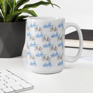 Bicycle Print Coffee Mug in Blue and Grey, Great Gift for Cyclists and Bike Lovers
