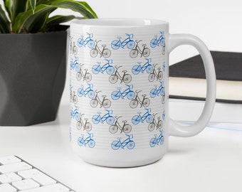 Bicycle Print Coffee Mug: Blue & Grey Cycling Gift
