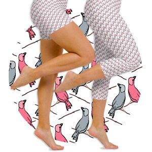 Birds Capri Leggings and Shorts in Pink, Grey and White, Perfect for Exercise, Yoga, Lounging