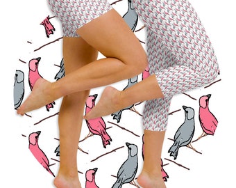 Birds Print Capri Leggings or Shorts: Pink, Grey, and White Yoga Wear