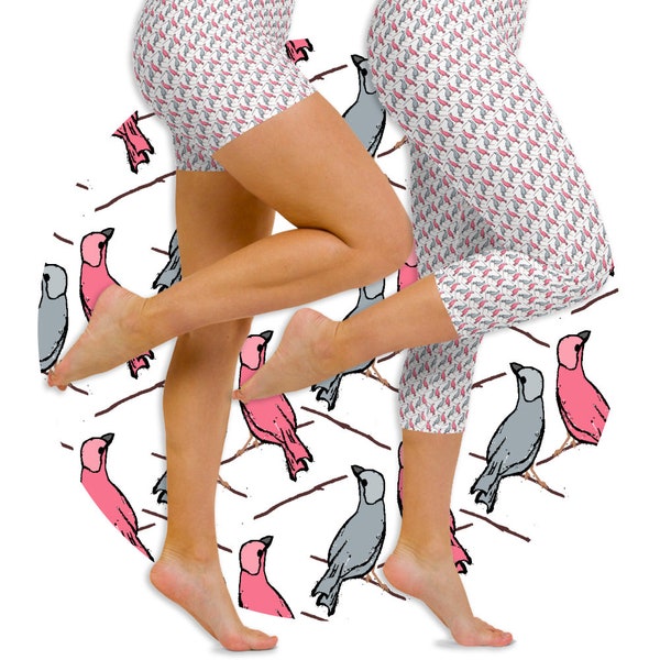 Birds Capri Leggings and Shorts in Pink, Grey and White, Perfect for Mother’s Day, Zumba, Yoga, Lounging