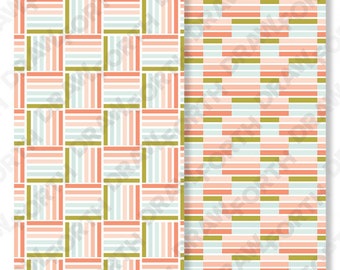 May include: Two seamless patterns featuring geometric shapes in shades of pink, blue, green, and white. The patterns are arranged in a grid format.