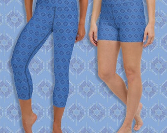 Hanukkah Menorah Leggings or Yoga Shorts: Blue Star of David Pattern