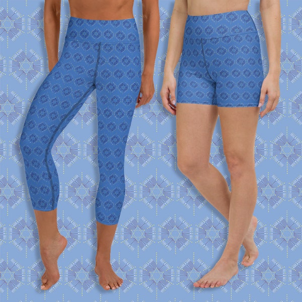 Hanukkah Menorah and Star of David Capri Leggings and Yoga Shorts in blue, white and yellow, Perfect for Zumba, Yoga, Lounging