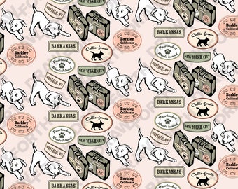 Cute Dogs Digital Seamless Pattern of them Going on Vacation with Suitcases and Travel Stamps in a soft, vintage palette