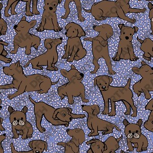 以下が含まれることがあります： 薄い青色の背景に、白い骨の形をした、さまざまなポーズをとった茶色の漫画の犬が描かれたシームレスなパターンです。