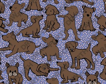 May include: A seamless pattern featuring brown cartoon dogs in various poses on a light blue background with white bone shapes.