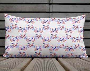 July 4th Bicycle Print Throw Pillow in Red, White and Blue, Decorative Bike Pillow