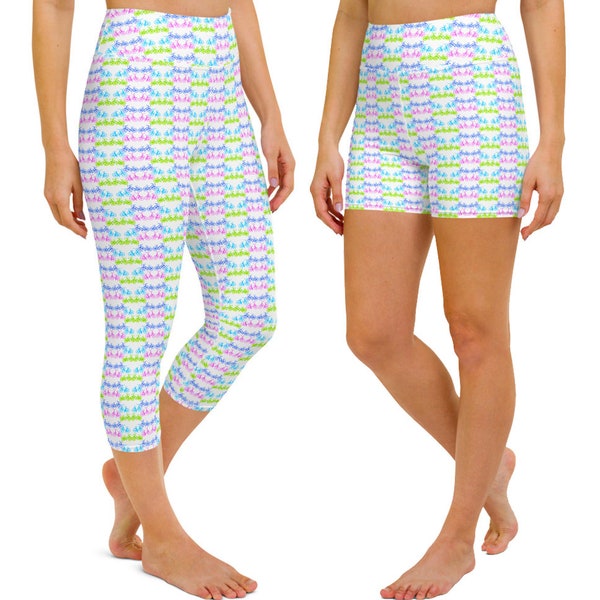 Bicycle Print Capri Leggings and Shorts in bright green, blue and purple, Perfect for Zumba, Yoga, Lounging