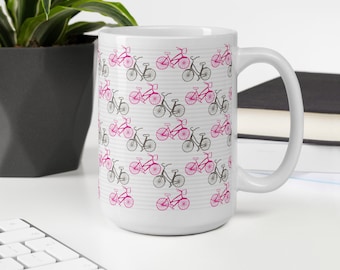 Bicycle Print Coffee Mug: Pink & Gray Cycling Gift