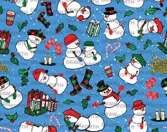 Christmas Snowmen Seamless Digital Pattern in Red and Green