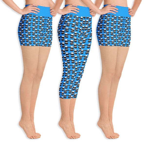 Panda Capri Leggings and Shorts in Blue, Black and White, Perfect for Zumba, Yoga, Lounging