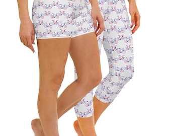 Bike Print Capri Leggings and Shorts: Red White Blue, Yoga Exercise