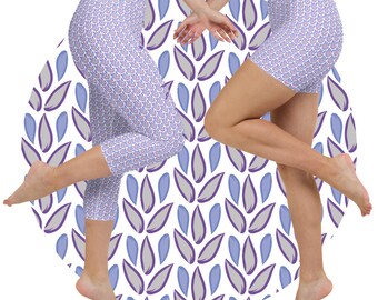 Abstract Floral Print Capri Leggings: Purple, Blue, & Grey
