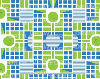 Mid Century Geometric Kid Digital Seamless Pattern in Blue and Green