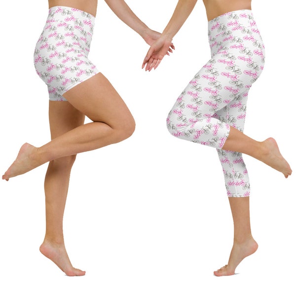 Mother's Day Gift: Bicycle Print Capri Leggings and Shorts - Pink and Grey, Perfect for Zumba, Yoga, and Relaxing