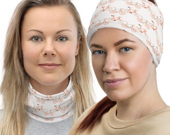 May include: Two women wearing white neck gaiters with a repeating pattern of orange bicycles. The gaiters are made of a soft, stretchy fabric and are perfect for keeping warm or protecting from the sun.