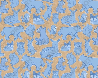 Woodland Animals Seamless Pattern: Blue & Tan Forest Critters (Digital Download)