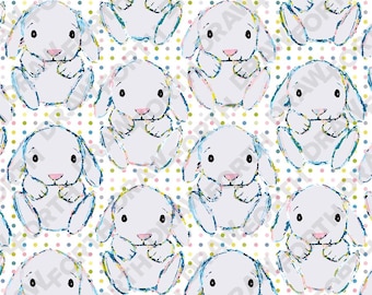 May include: A seamless pattern featuring white bunnies with pink noses and blue eyes on a white background with colorful polka dots.