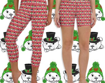 Christmas Bulldog Print Capri Leggings or Yoga Shorts