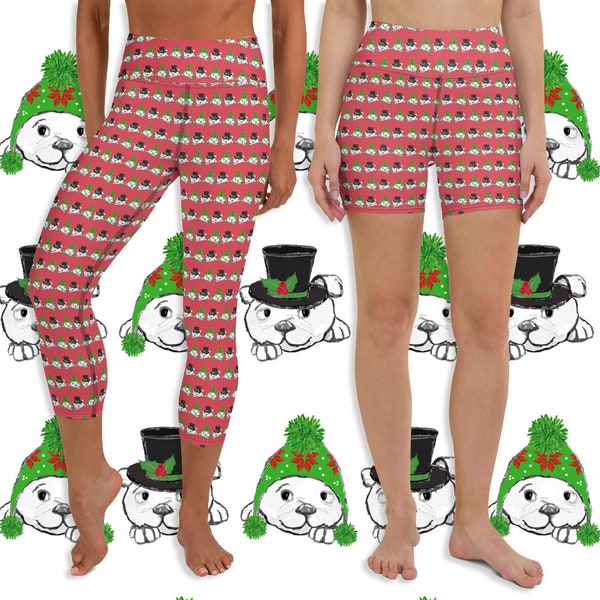 Christmas Bulldogs in Hats Capri Leggings and Yoga Shorts in Red, Green, Black and White, Perfect for Zumba, Yoga, Lounging