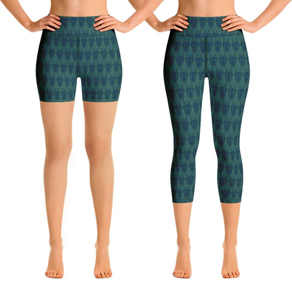 Art Deco Design Leggings and Shorts, Blue and Green Geometric Capri Leggings and Yoga Shorts, Perfect for Mother’s Day, Zumba, Yoga, Pilates