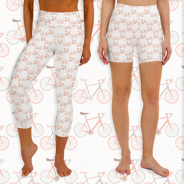 Bicycle Print Capri Leggings and Shorts in soft shades of orange, tan, and brown, Perfect for Zumba, Yoga, Pilates, Lounging