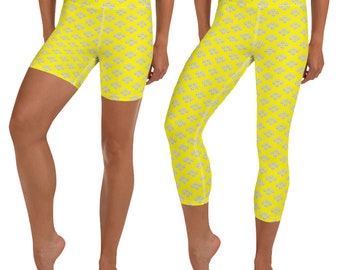 Bulldog Leggings and Shorts, Yellow & Grey Dog Pattern Workout Clothes, Super Soft Capri Leggings and Bike Shorts for her